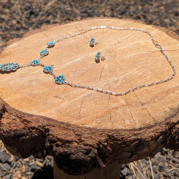 Zuni Chain Necklace and Earrings Set Kingman Turquoise Cluster Native American** - Picture 8 of 9